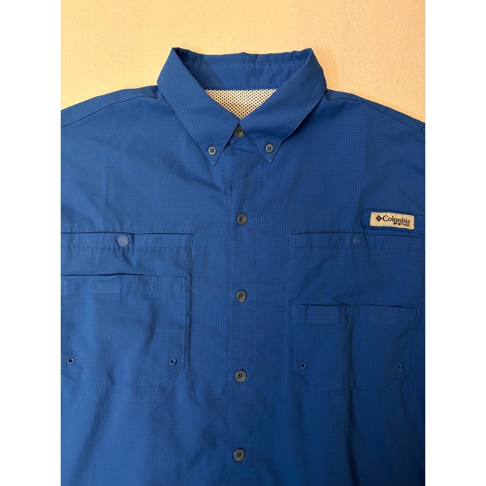 Columbia PFG Mens Blue Grid Short Sleeve Vented Fishing Shirt Omni-Shade Large